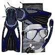 Snorkeling Scuba Diving Mask Snorkel Fins Gear Set w/ Mesh Bag, Bu, ML/XL(9-13)