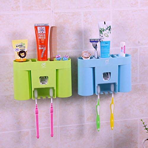 Multifunctional ABS Plastic Home Toothbrush Holder Couples/Wall-Suction Creative Toothbrush Holder Cup Hanger+Toothpaste Dispenser Bathroom Storage Organizer Set (Blue)