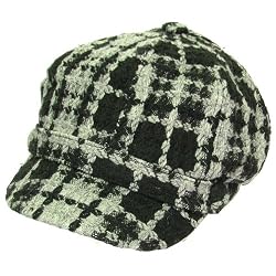 Wool Plaid 2 Tone Full Newsboy Cabby Cap Hat, Gray Black