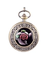 Topearl Antique Bronze Flower Design Pocket Quartz Watch Chain Full Hunter Black Dial and White Numeral