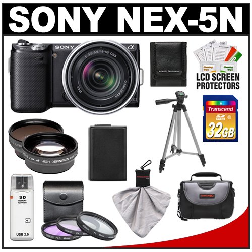 Sony Alpha NEX-5N Digital Camera Body & E 18-55mm OSS Lens (Black) with 32GB Card + Battery + 3 UV/FLD/PL Filters + 2x Telephoto & .45x Wide-Angle Lenses + Case + Tripod + Accessory Kit