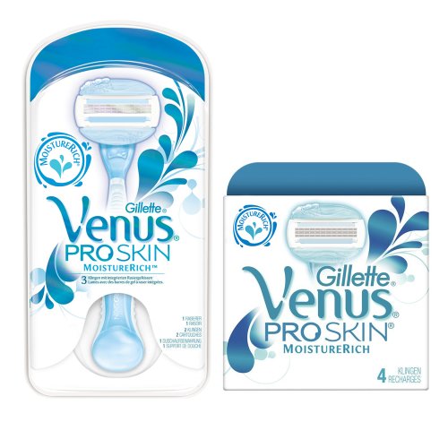 Gillette Venus ProSkin Moisture Rich Razor (Razor 1 + 2 lames + 1 Douche stockage) + Gillette Venus Proskin Moisture Rich, 4 lames de rechange