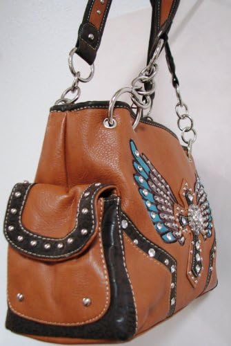 Winged cross CP-style leather purse accented in turquoise leather wings on either side of the cross