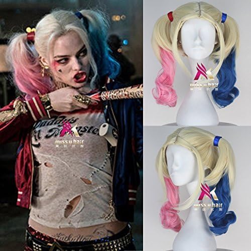 women's Curly long pink blue double tails Wig &amp; Wig Cap - Suicide Squad Harley Quinn Cosplay Harleen Quinzel Costume Wig