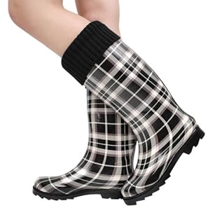 Bette04 Plaid Knee High Rain Boot BLACK/WHITE