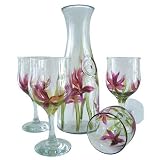 ArtisanStreet's Iris Wine Glasses & Carafe 5 Piece Set. Each Piece Features a Beautiful Iris. One of a Kind & Signed by Artisan.