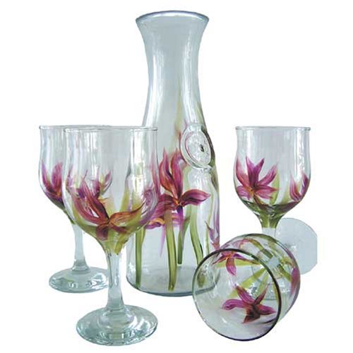 ArtisanStreet's Iris Wine Glasses & Carafe 5 Piece Set. Each Piece Features a Beautiful Iris. One of a Kind & Signed by Artisan.