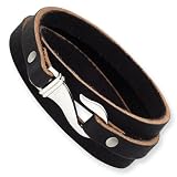 Stainless Steel Black and Brown Leather Wrap Bracelet