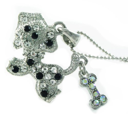 Adorable Black and White Spotted Crystal Puppy Dog with Bone Charm Necklace Silver Tone