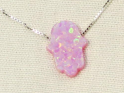 Pink Opal Hamsa Necklace + 925 BOX Silver Chain 10 MM - .40 Inch