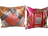 2 Brocade Cushion Cover Orange Pink Floral Vintage Silk Sari Toss Pillow Case