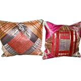 2 Brocade Cushion Cover Orange Pink Floral Vintage Silk Sari Toss Pillow Case