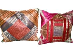 2 Brocade Cushion Cover Orange Pink Floral Vintage Silk Sari Toss Pillow Case