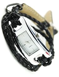 Fashion Womens Quartz Square Dial Weave Wrap Fuax Leather Bracelet Watch Black