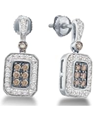 10K Yellow and White Two Tone Gold Channel Set Round White and Chocolate Brown Diamond Square Emerald Dangle Earrings with Screw Back Closure - (1/2 cttw)