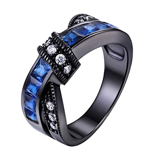 Black Stainless Steel Blue Created-Sapphire Cross Over Wedding Engagement Ring Women TKJ