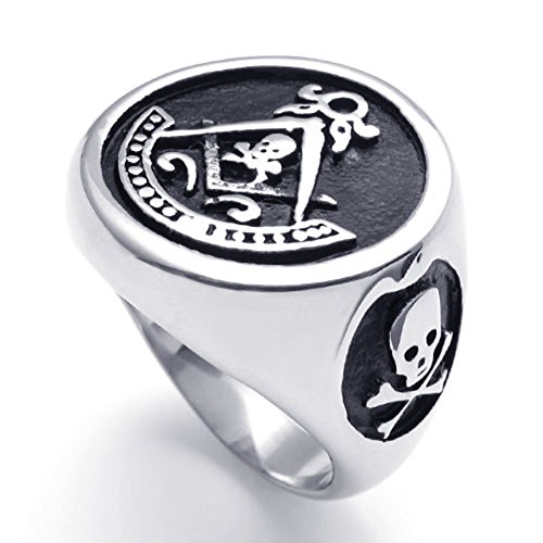 TEMEGO Jewelry Mens Stainless Steel Ring, Embossed Freemason Masonic Symbol Skull Band,Black Silver