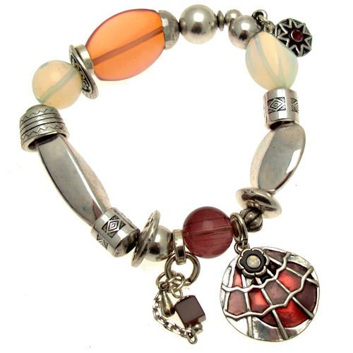 Acosta Jewellery - Opal & Purple Glass Beads - Ethnic Style Enamel Charm Stretch Bracelet (Silver Coloured)