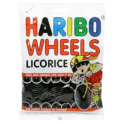 Haribo Gummi Candy, Licorice Wheels, 5-Ounce Bags (Pack of 12)
