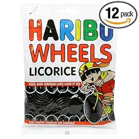 Haribo Gummi Candy, Licorice Wheels, 5-Ounce Bags (Pack of 12)