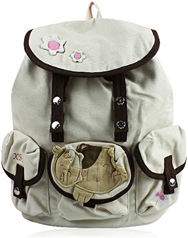 Deer Mum Girl Lovely Travel Backpack Casual Canvas Schoolbag with Cartoon Cat Attched (beige)