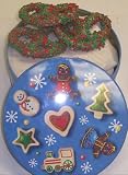 Scott's Cakes 1 lb. White Chocolate Covered Pretzel with Christmas Jimmies in a Christmas Cookie Tin
