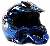 Youth Motocross ATV Dirt Bike MX Helmet and Goggles Set Blue Graphics, Large