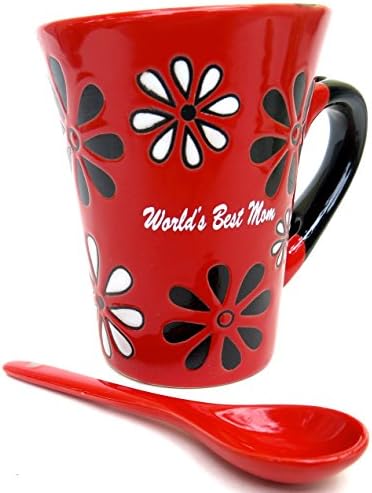 Coffee Mug, Unique Red Ceramic Flower Mug and Ceramic Spoon, Great for Soup, Tea and Coffee