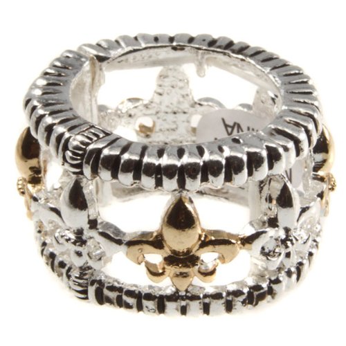 Silver tone stretch band ring featuring gold and silver tone Fleur De Lis, NFL New Orleans Saints