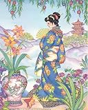 Oriental Girl With Fan Lithograph Art Poster Print - 20" X 16"