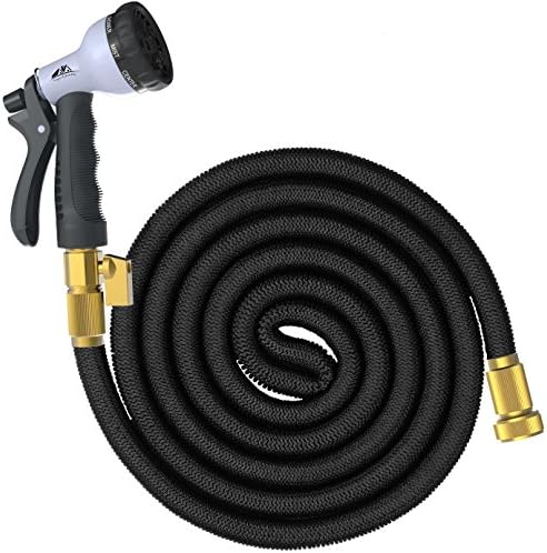 SuperGrowing 25 Feet Flexible Expandable Rubber Garden Hose with Solid Brass Connector and valve,Double Layer Latex Core,8 Function Spray Nozzle,Large Hose Hook Holder(BLACK) (25Ft)