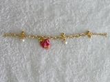 Gold Charm Bracelet- Ornate Red Heart Stone and Pearl Design
