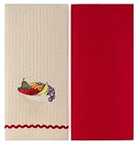 Fruits in a bowl – 2 Pack Embroidered Kitchen Towels by Cotton Craft – 100% Pure Cotton Waffle Weave Construction – One towel is embroidered on an Ivory color base and the other towel is Red – Generously sized at 18×28 – Brighten your kitchen at a clearance cost
