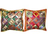 2 Hot Red Green Sari Zari Borders Toss Pillow Cushion Covers 16