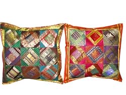 2 Hot Red Green Sari Zari Borders Toss Pillow Cushion Covers 16"