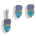 Sterling Silver Rainbow Teal Quartz and Caribbean Drusy Pendant and Earring Set by Sajen