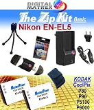 TheZipKit for NIKON CoolPix P90. Includes: 2 EN-EL5 1100mAh Ultra High Capacity Batteries made with cells produced in JAPAN or USA, Table-Top Wire Tripod, 110/240 Mini Charger with fold out plug and a DC car adapter, SD/SDHC Card Reader, LCD Protection Film Kit and more. (NON OEM).. NIKON CoolPix P90.