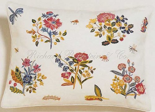 Pink Plants with Bees and Dragonflies Nosegay Garden on Embroidered White Throw Pillow Free Shipping!