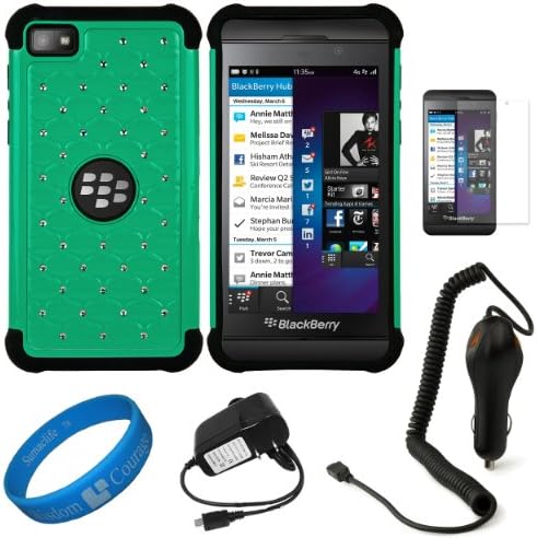 (Teal Green) Studded Diamond Hybrid Faceplate Cover w/ Black Silicone Skin for BlackBerry Z10 4G LTE Smart Phone + Clear Anti Glare Screen Protector Strip w/ Cleaning Cloth + Black Micro USB Wall & Car Charger Bundle Kit