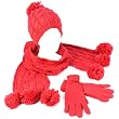 Winter 3pc Set Knit Pom Pom with Gold Beanie Skull Ski Cap Hat Scarf Gloves Fuchsia Pink