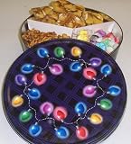 Scott's Cakes Taffy, Pretzel Brittle, and Sassy Peanut Combo in a Christmas Lights Tin