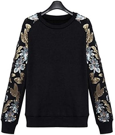 Women's Plus-size Black Embellished Sleeve Pullover Round Neck Fleece 4XL