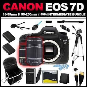 Canon EOS 7D 18 MP CMOS Digital SLR Camera with 3-Inch LCD and EF-S 15-85mm f/3.5-5.6 IS USM UD Wide Angle Zoom Lens + EF-S 55-250mm f/4.0-5.6 IS Telephoto Zoom Lens (16GB Intermediate Bundle Kit) includes x2 Batteries, Charger, Case, Memory Card, Memory Card Wallet, HDMI Cable, Table Tripod, Full S