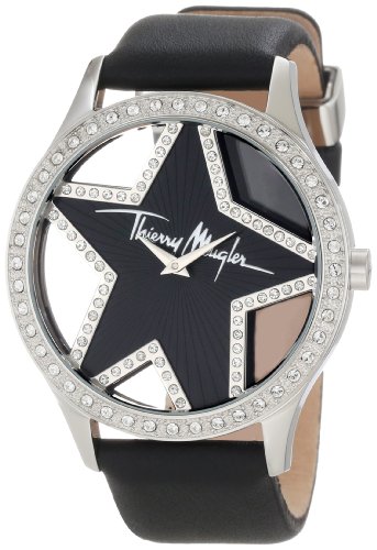 Thierry Mugler Women's 4711401 Crystal Accented Black Dial Black Leather Watch
