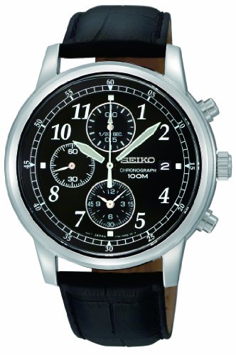 Seiko Men's SNDC33 Classic Black Leather Black Chronograph Dial Watch