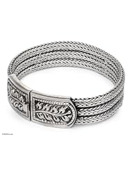 Sterling silver wristband bracelet, Braided Hideaway - Handcrafted Floral Sterling Silver Bracelet
