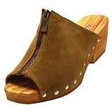 Camel Beige Zipper Front Slip On Peep Toe Clog Sandals
