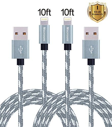 Mscrosmi 2Pack 10FT Extra Long Nylon Braided Lightning to USB Sync Charge Cable Cord Charger iPhone 6s/6s Plus/6/6Plus/5s/5c/5, iPad/iPod Models (gray +silver)