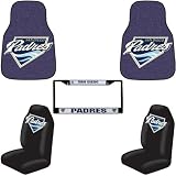 MLB San Diego Padres 5 PC Auto Accessories Combo Kit - Carpet Fan Floor Mats, Seat Covers and Chrome License Plate Frame