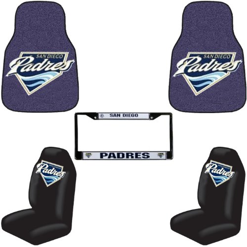 MLB San Diego Padres 5 PC Auto Accessories Combo Kit - Carpet Fan Floor Mats, Seat Covers and Chrome License Plate Frame